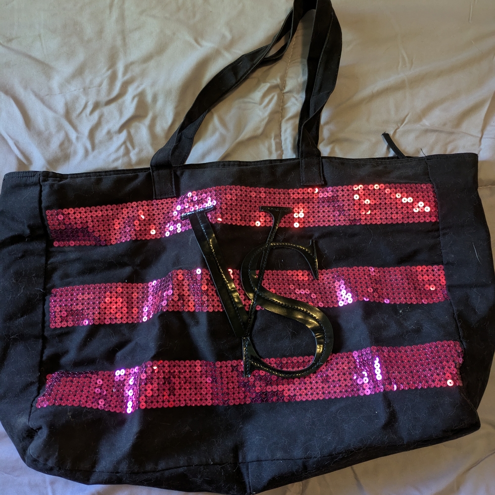 Victoria's Secret Black and Pink Sequin Tote Bag